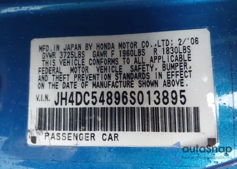 2006 Acura Rsx z USA, uszkodzony, nr VIN JH4DC54896S013895